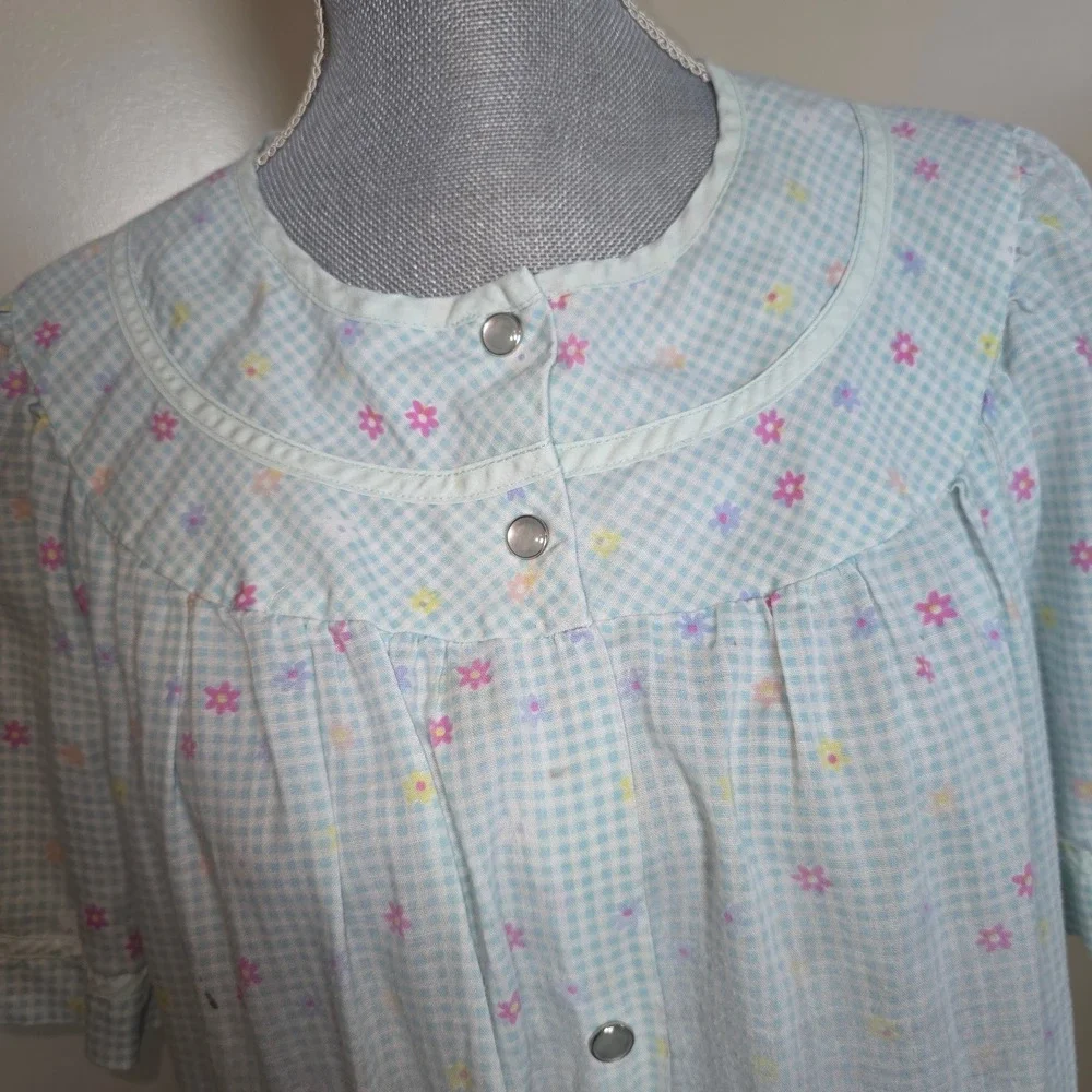 Moon Dance Blue Gingham Floral Snap Front House Dress Duster Robe Large Vintage